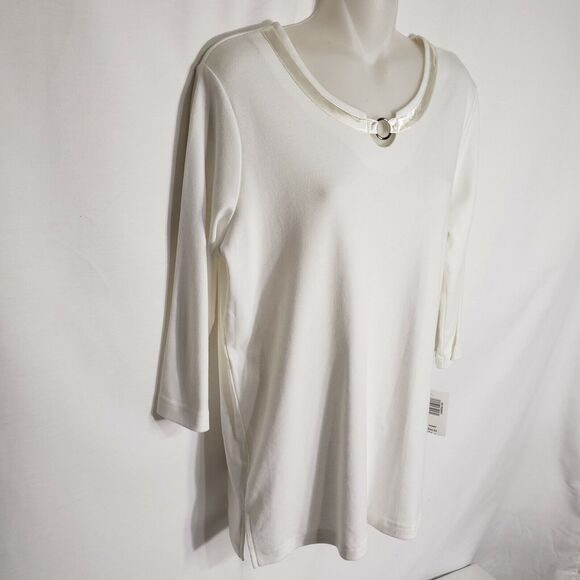 BonWorth Womens Top Size XS 3/4 Sleeve Ivory Knit Round Neck Satin Detail - Picture 6 of 11